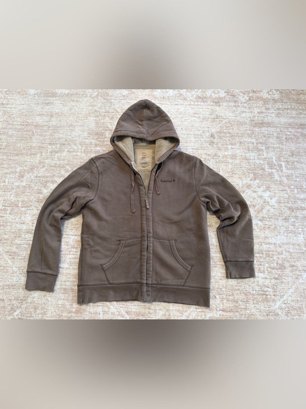 Timberland Men's Sherpa Lined Full Zip Hoodie Jacket Brown Sweatshirt Size XL